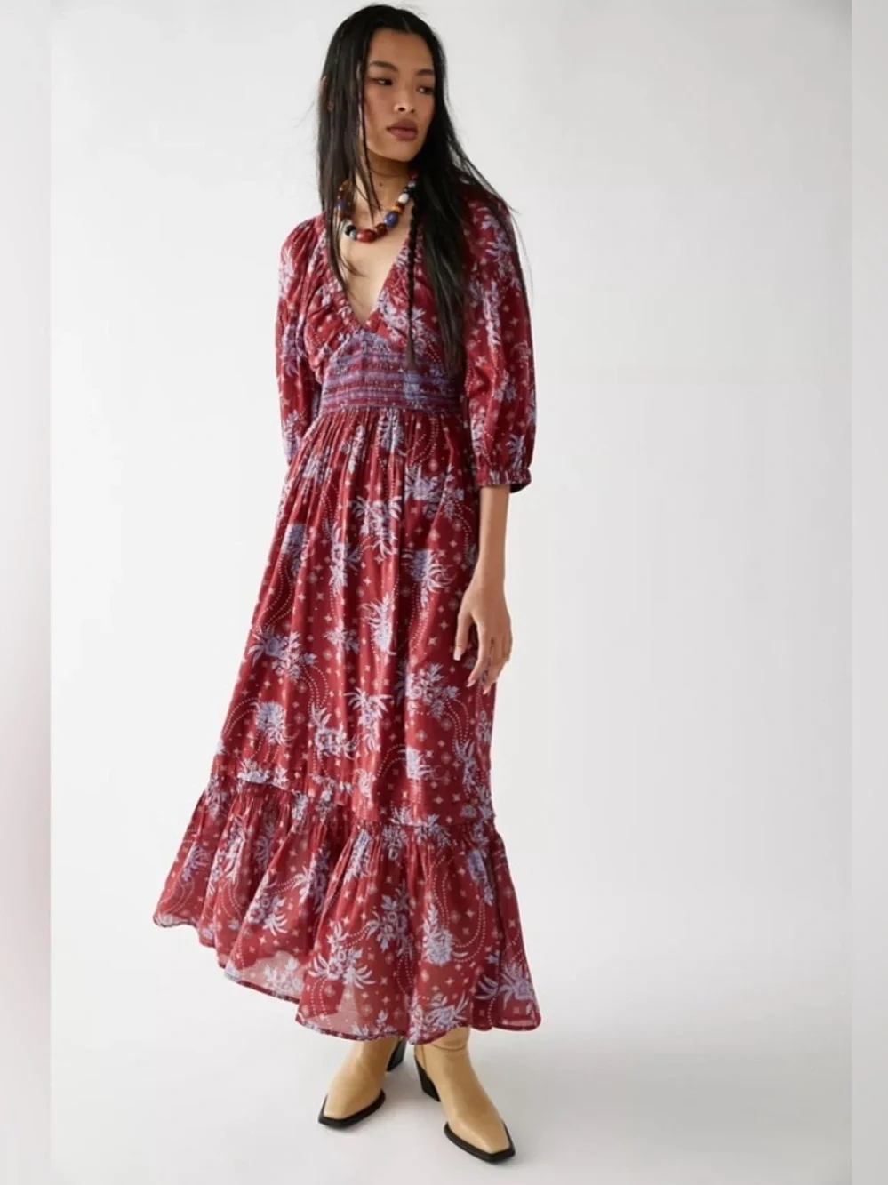 Free People Golden Hour Wine Combo Maxi Dress Red Blue Boho Cottagecore Medium